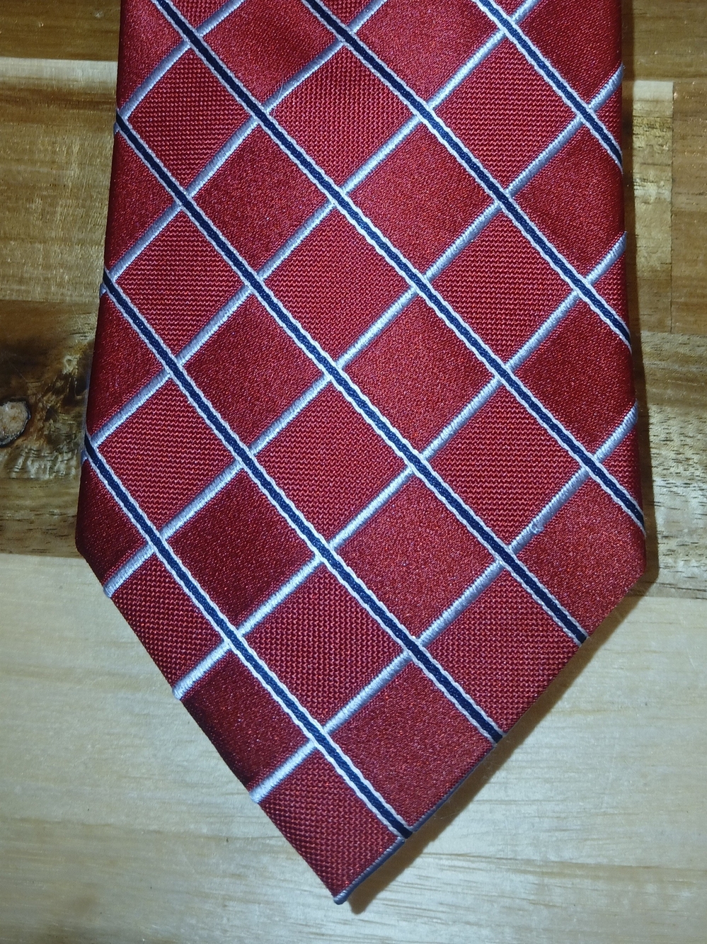 Tommy Hilfiger Red Plaid Silk Tie with Navy & White Accent